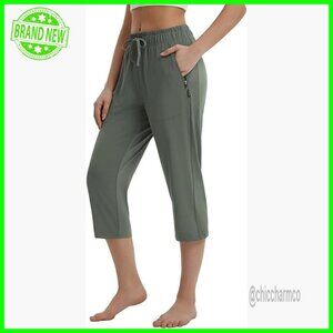 Women's Yoga Capri Pants with Zipper Pockets Drawstring Waist 19" Inseam